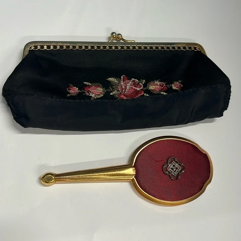 Vintage Petit Point Kisslock Snap Clutch w/Hand Mirror